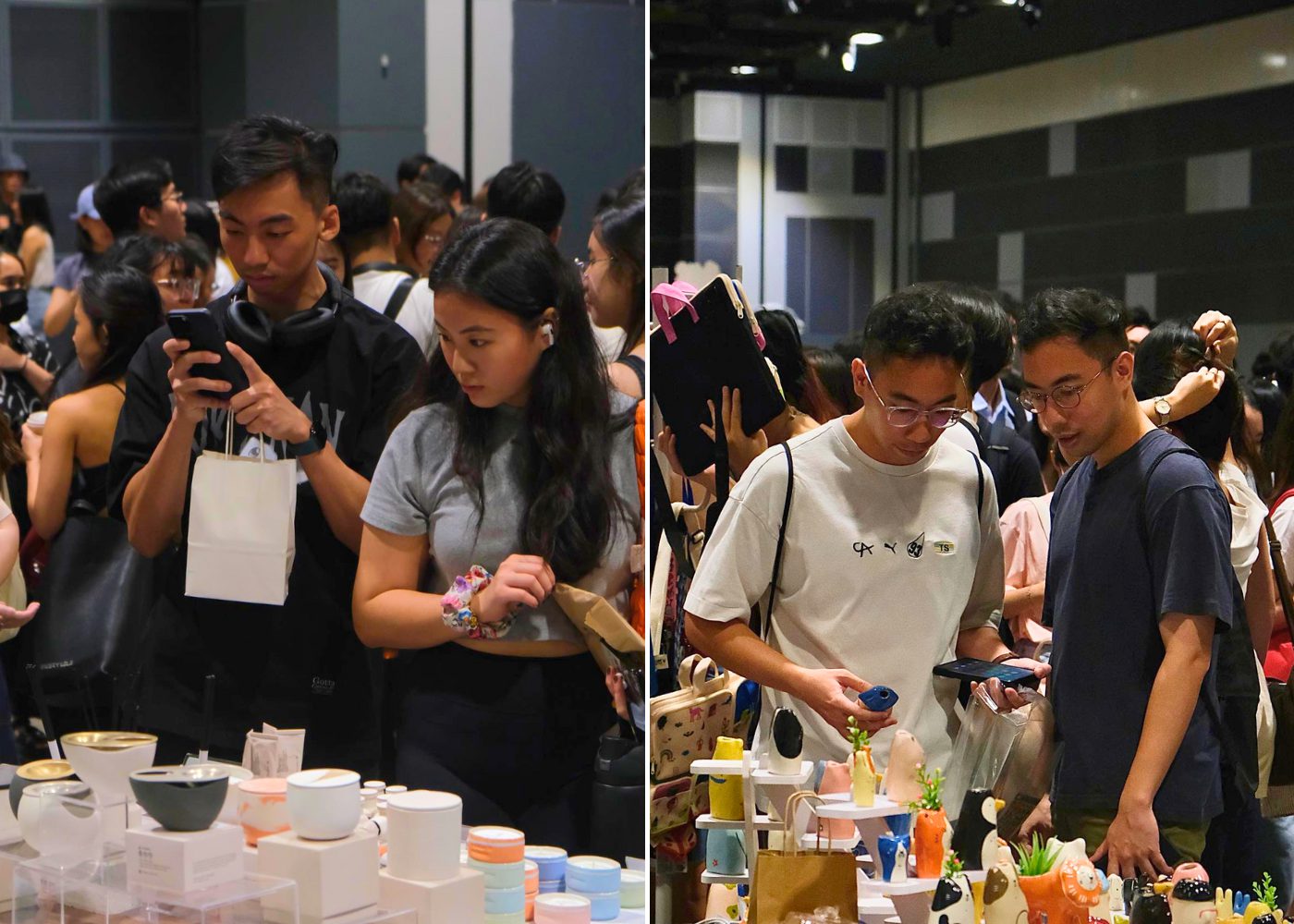 Shoppers looking at handmade goods on a vendor's table at Public Garden market
